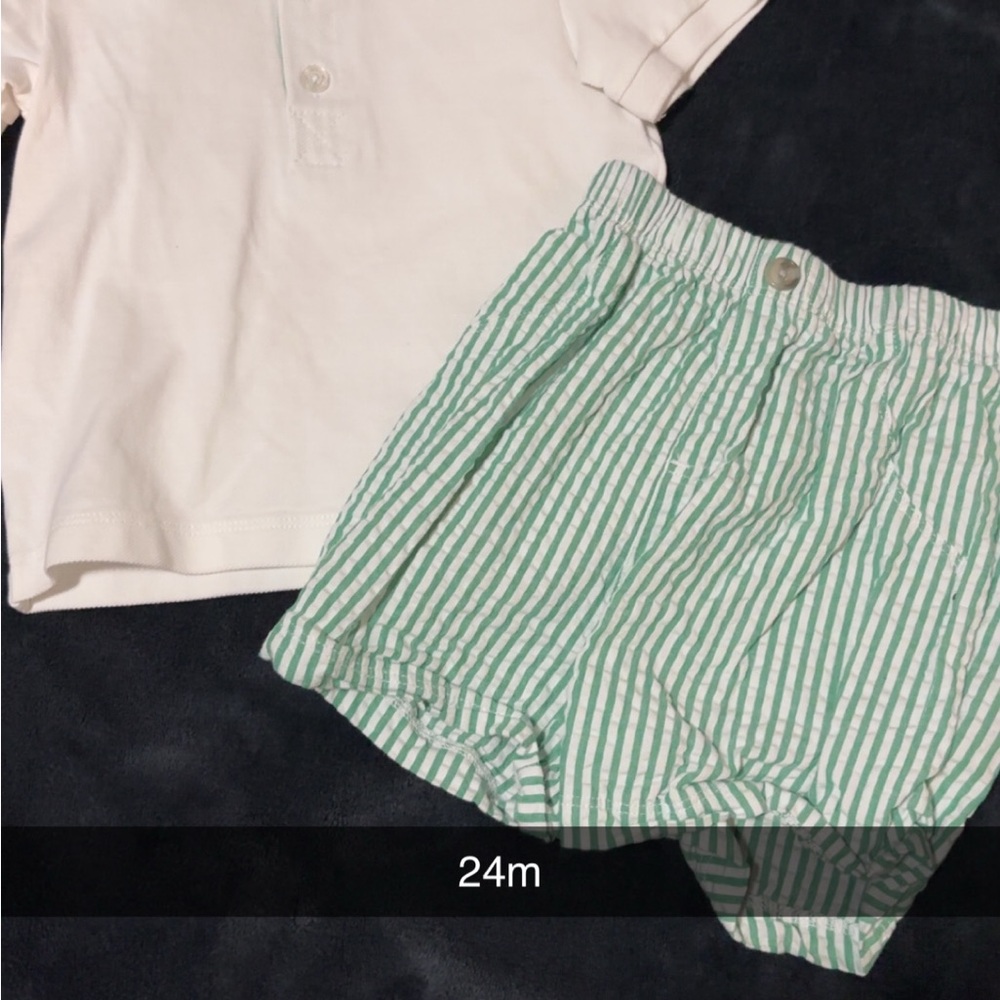 White Shirt and Green Striped Shorts Set